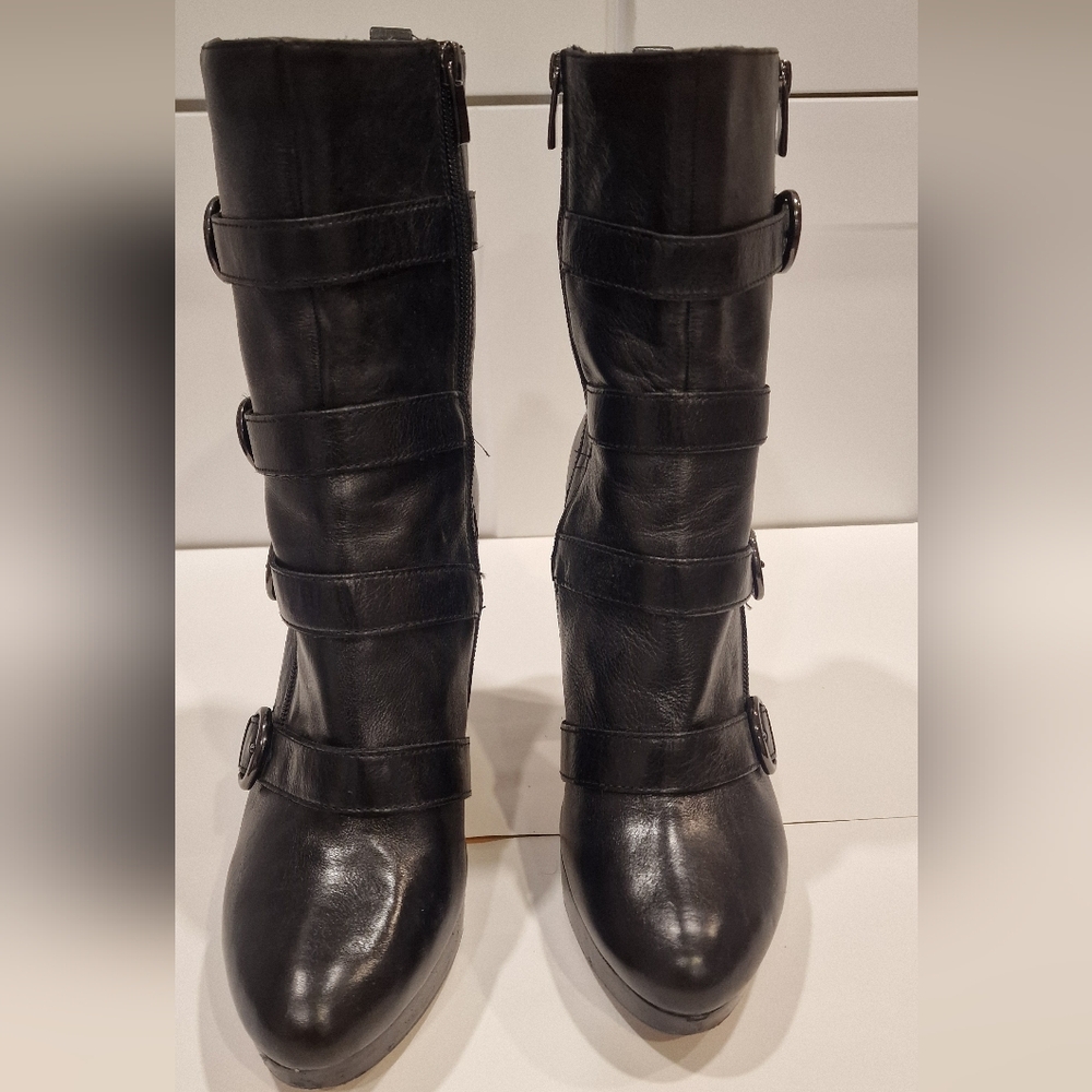 Nine West Boutique 9 Black Heeled Boots with Decorative Buckles - Picture 3 of 6